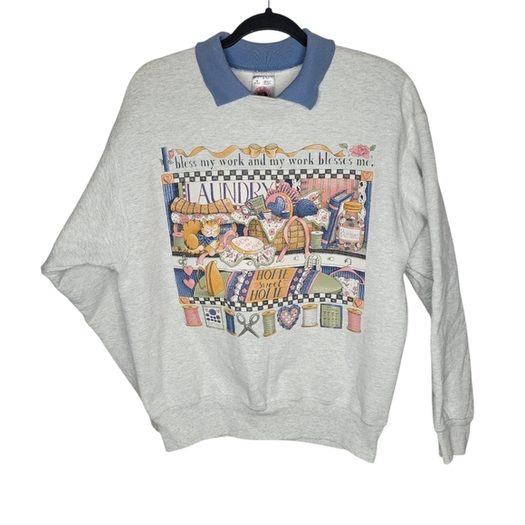 Fruit of the Loom Other - Vintage 90s Home Sweet Home Cat Laundry Collared Crewneck Sweatshirt Size Medium